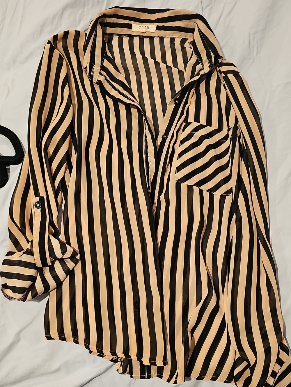 Cozy Casual Black and Beige Striped Button-Front Blouse